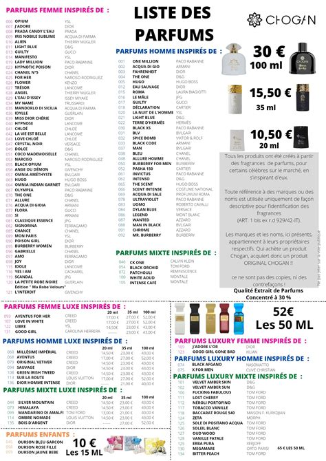 chogan parfums liste|chogan catalogue.